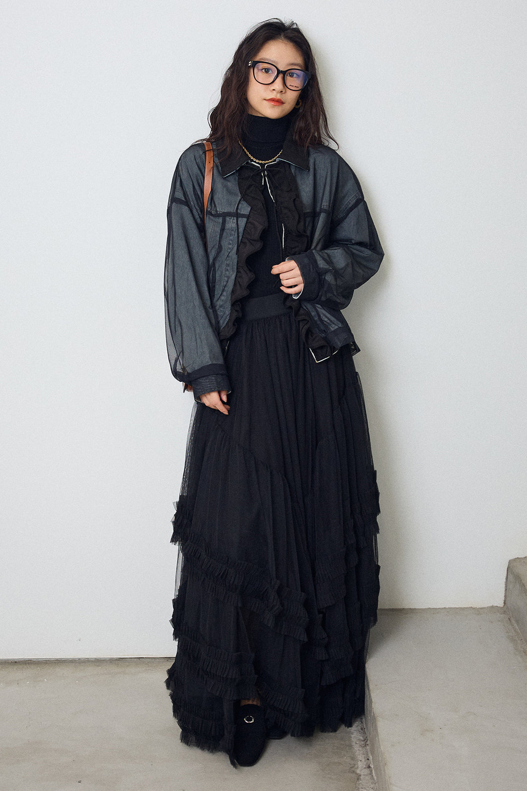 [予約/SET]デニム×チュールレイヤードフリルジャケット+フェアリードレープチュールスカート(2set)