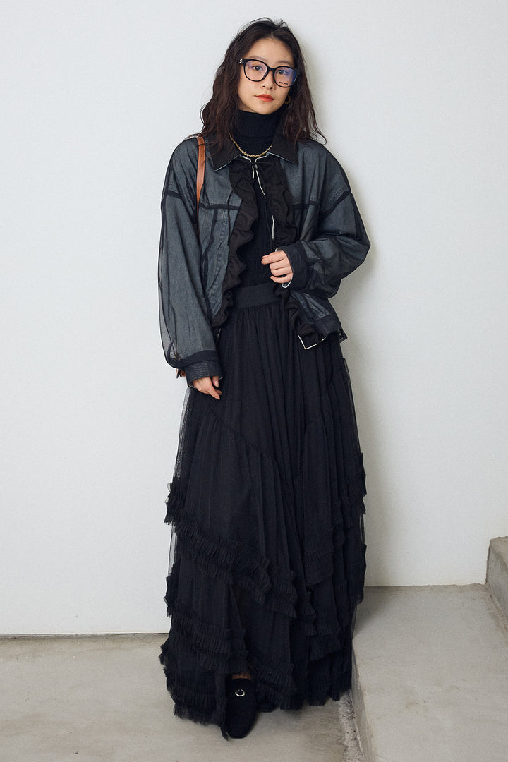 [予約/SET]デニム×チュールレイヤードフリルジャケット+フェアリードレープチュールスカート(2set)