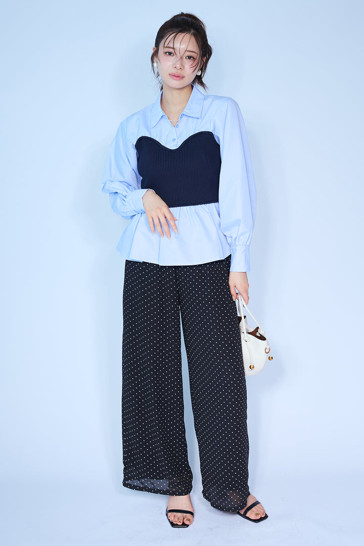 [予約/SET]ビスチェニットドッキングペプラムブラウス+シアードットリラックスパンツ(2set)