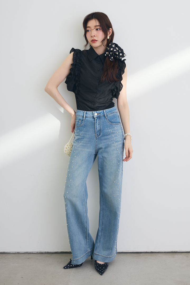 [予約/SET]タンクドッキングフリルシャツ+パールデコレートグラデーションストーンデニム(2set)