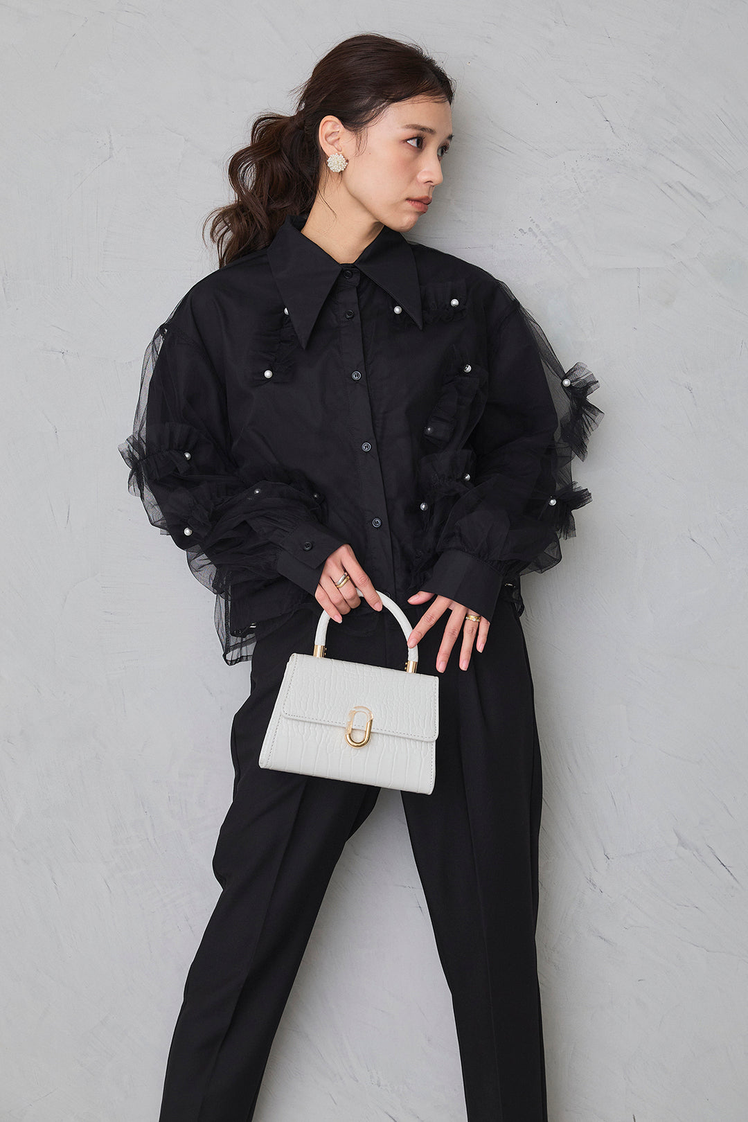 [予約/SET]チュールレイヤードパールシャツ+タックテーパードパンツ(2set)