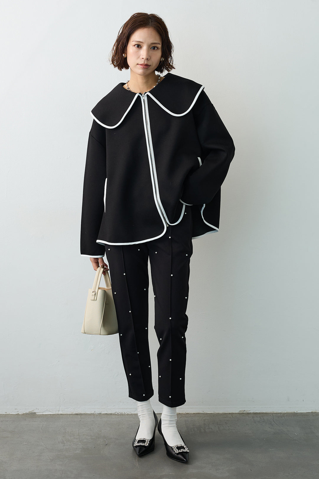 [予約/SET]バイカラーボンディング襟付きコート+センターシームランダムパールパンツ(2set)