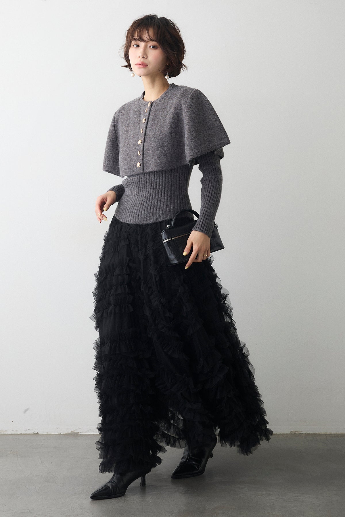 予約/SET]ミックス釦ケープ2wayニット+スフレアシメチュールスカート