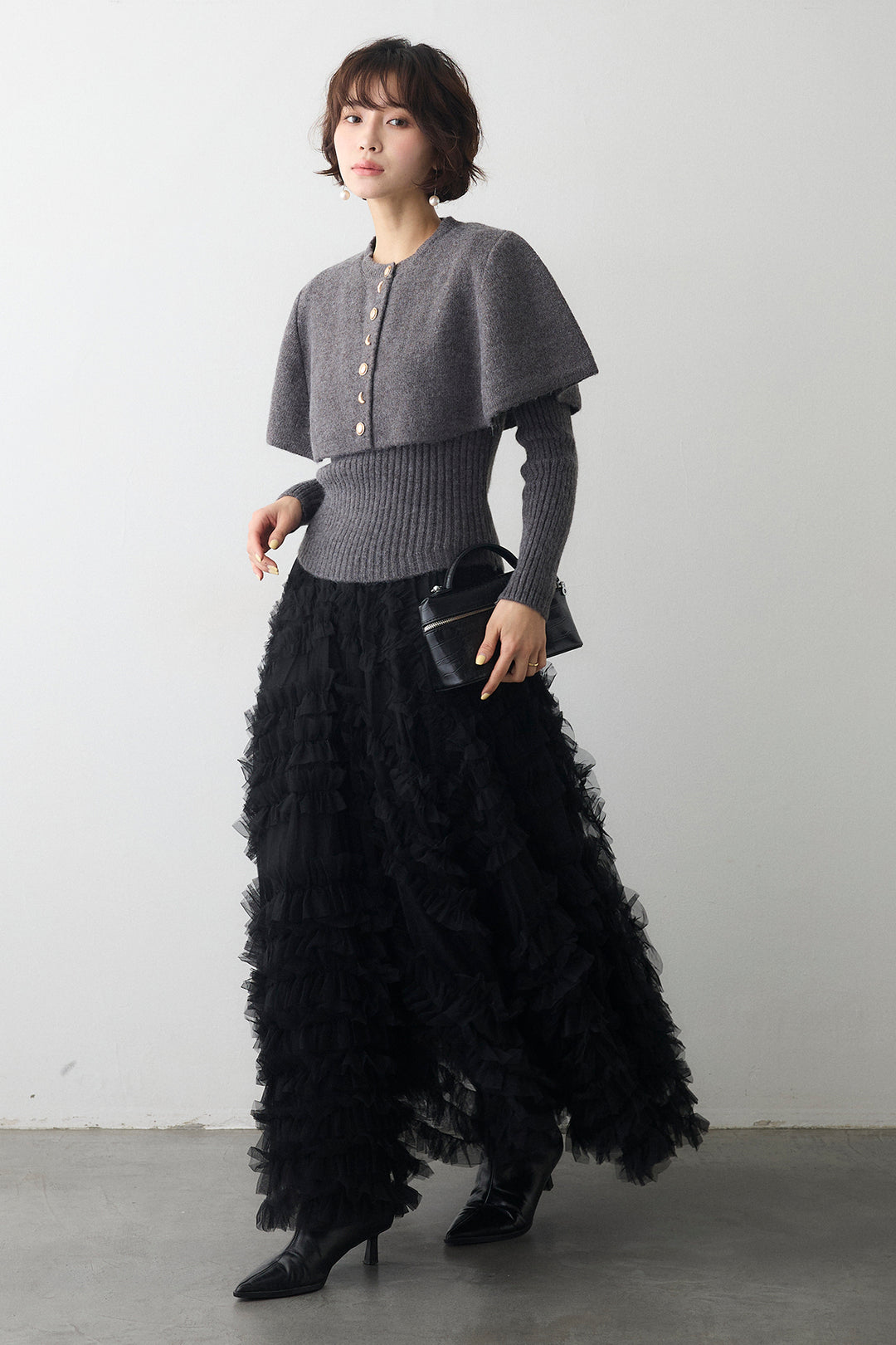 [予約/SET]ミックス釦ケープ2wayニット+スフレアシメチュールスカート(2set)