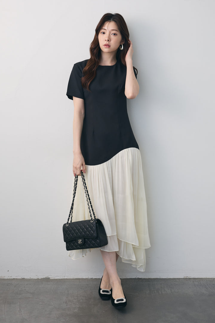 [予約]シフォン切替ハーフスリーブワンピース