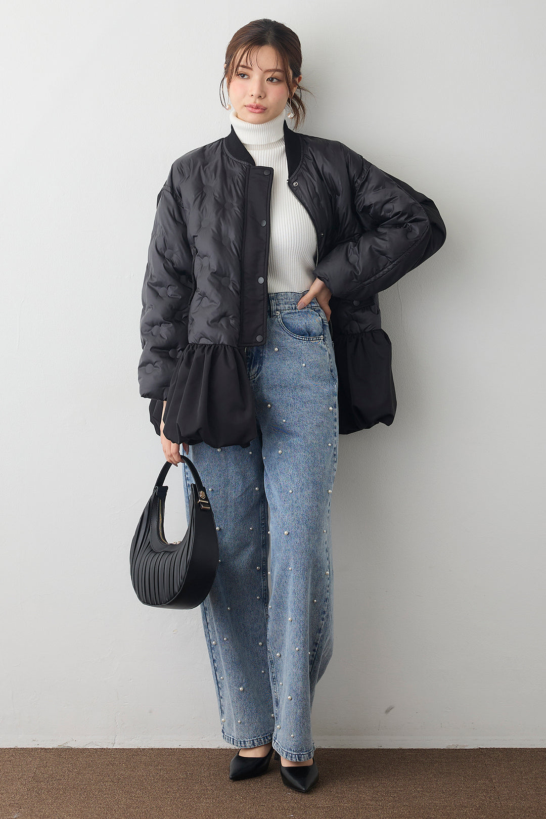 [予約/SET]ヘムギャザードットキルティング中綿フレアコート+パールスタッズストレートハイウエストデニム(2set)