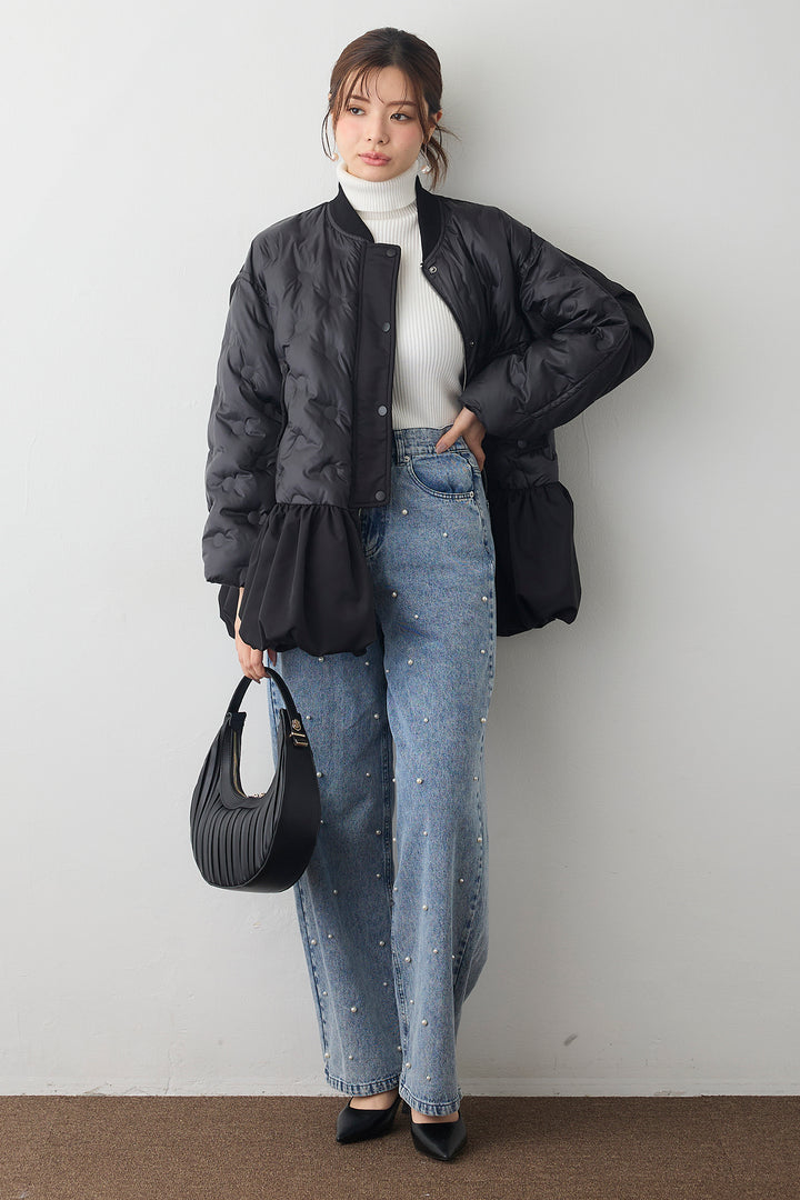 [予約/SET]ヘムギャザードットキルティング中綿フレアコート+パールスタッズストレートハイウエストデニム(2set)