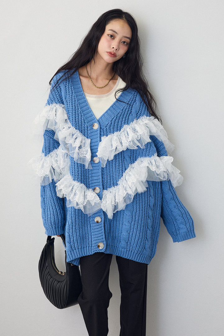 [予約/SET]ラッフルレースドッキングニットBIGカーデ+タックテーパードパンツ(2set)