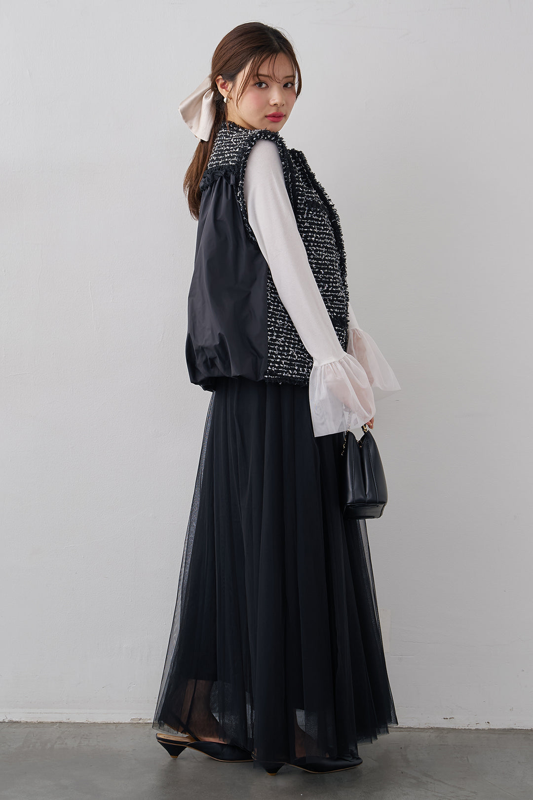 [予約/SET]チュールシアーカフスリブニット+異素材切り替えツイードベスト+エアリーチュールフレアスカート(3set)