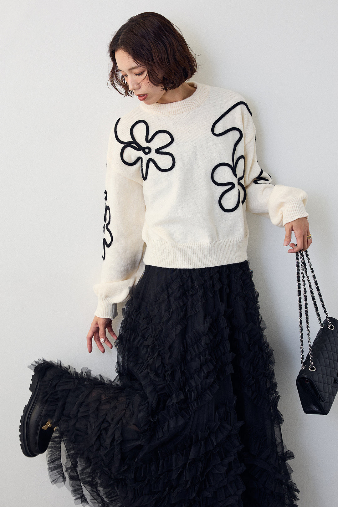 [予約/SET]コードフラワーニットプルオーバー+スフレアシメチュールスカート(2set)