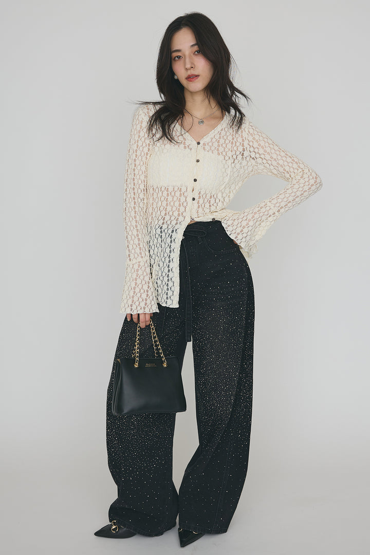 [予約/SET]カットレースフラワーVネックカーデ+ラインストーン美ラインデニム(2set)