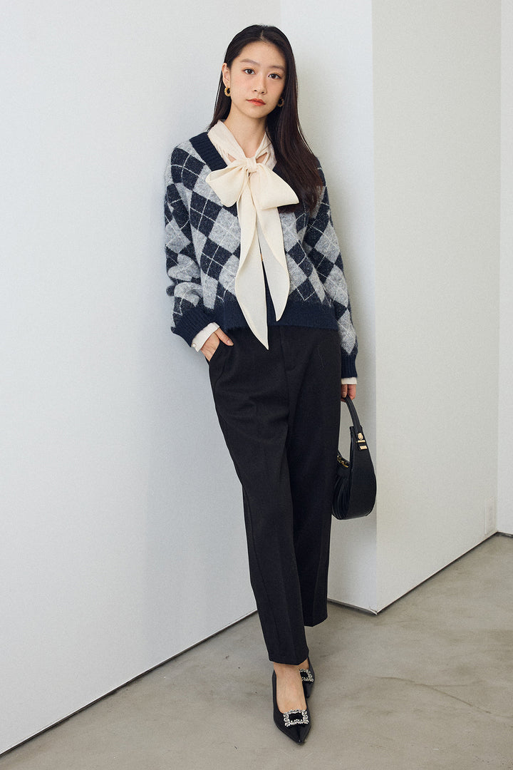 [予約/SET]前後2wayリボンシアーブラウス+アーガイル柄ゴールドボタンニットカーデ(2set)