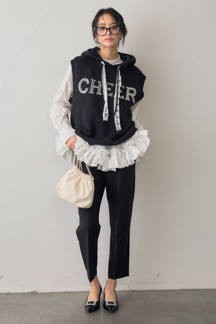 [予約/SET]レースリボンロゴフードスリーブレスニット+タックテーパードパンツ(2set)