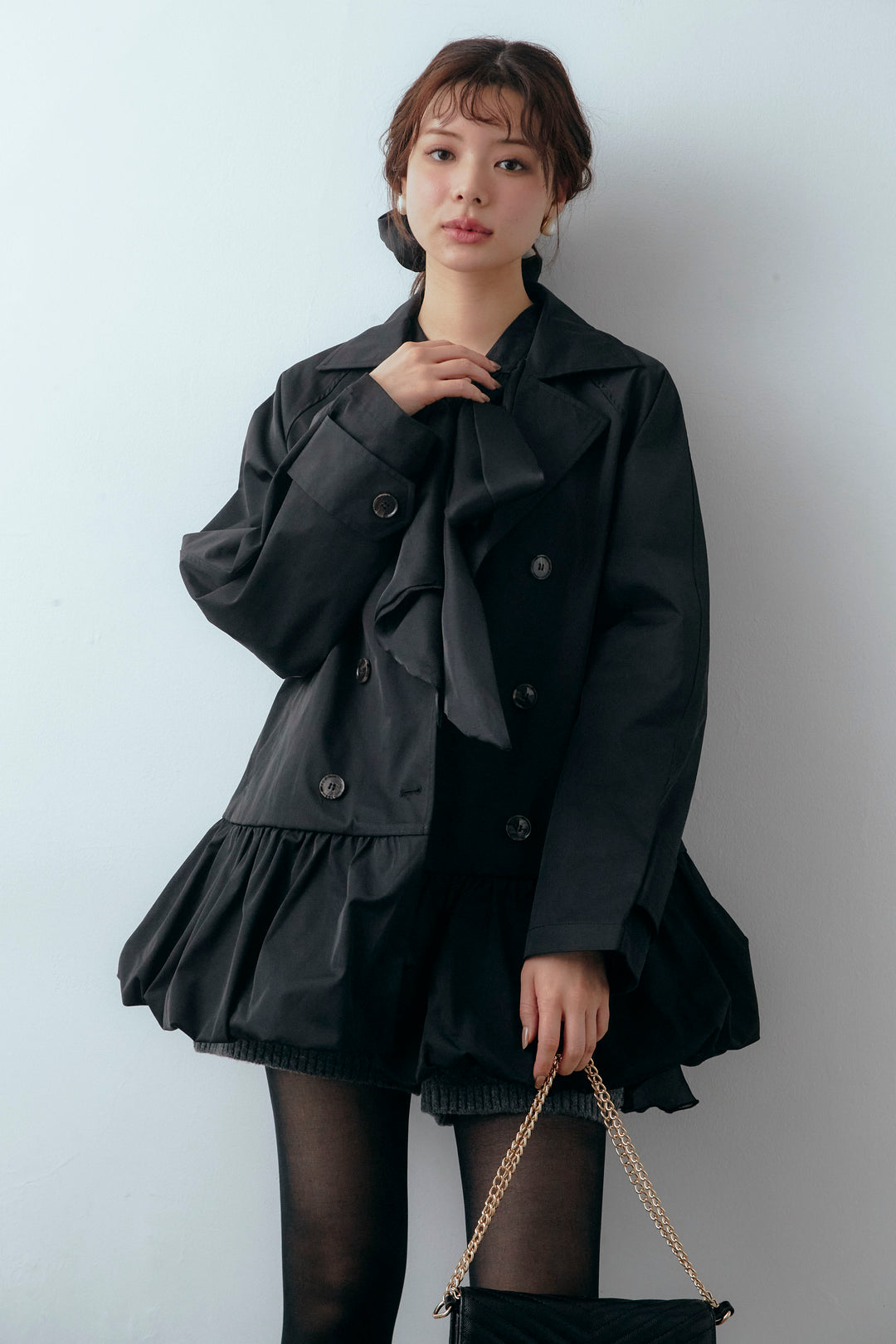 [予約/SET]フロントBIGリボンティアードエアリーチュニック+バルーンヘムミディ丈トレンチコート(2set)