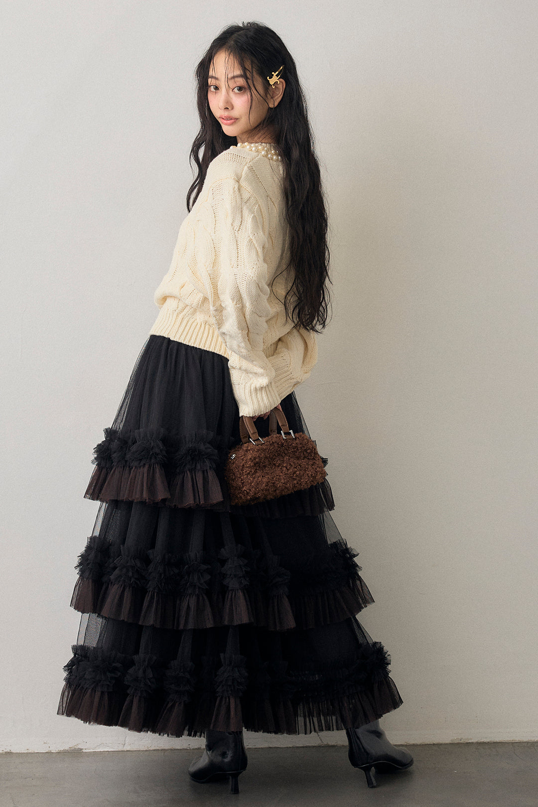 [予約/SET]ネックパールケーブル編みニット+配色フリルティアードロマンティックスカート(2set)
