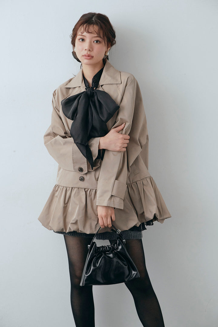 [予約/SET]フロントBIGリボンティアードエアリーチュニック+バルーンヘムミディ丈トレンチコート+メランジニットショートパンツ(3set)