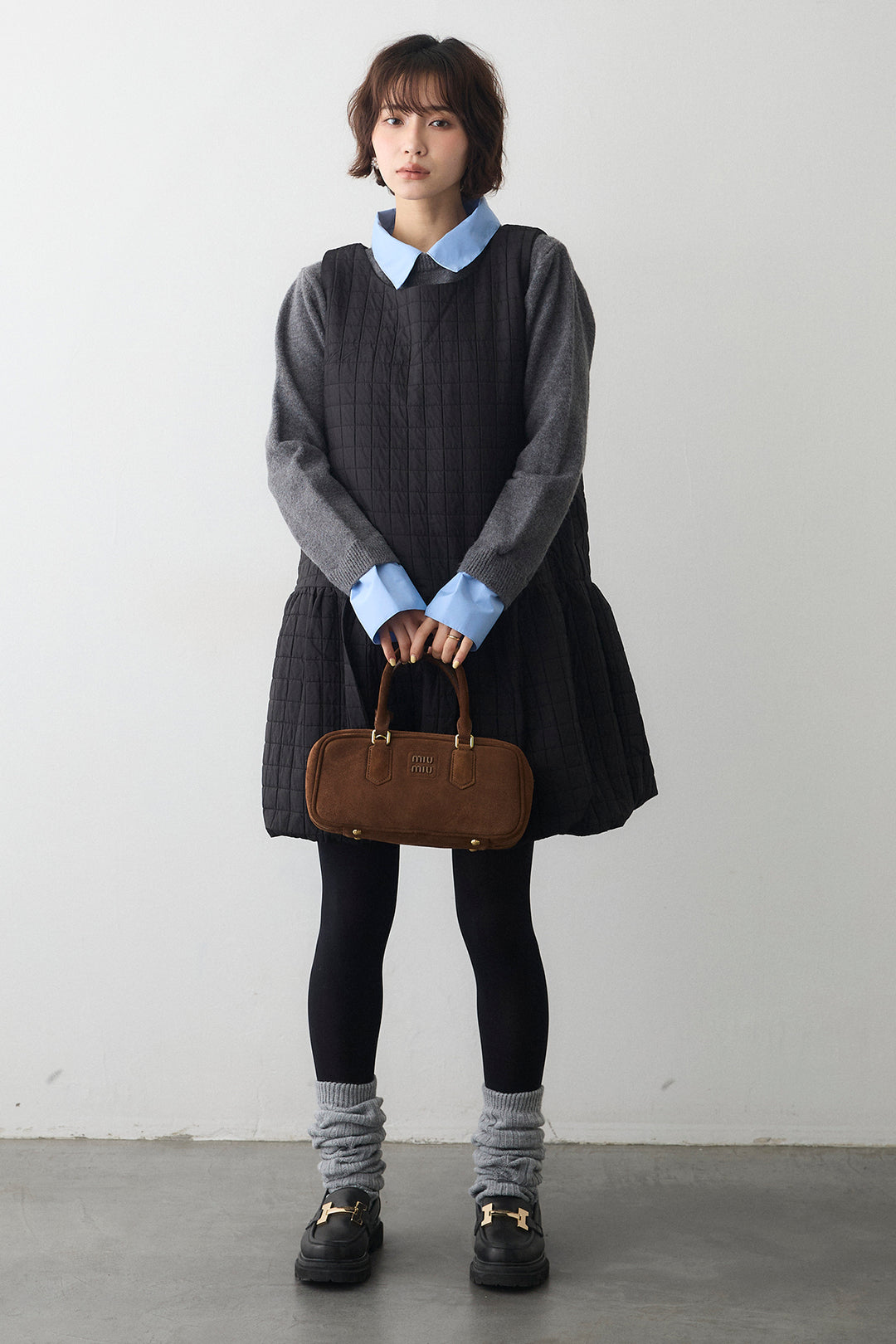 [予約/SET]シャツレイヤードニットプルオーバー+キルティングデザインミニジャンスカ(2set)