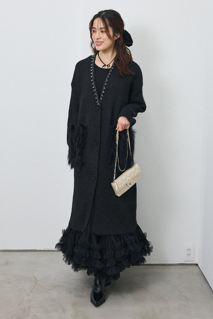 [予約/SET]ファーポケットロングニットカーデ+スウィートチュールフリルスカート(2set)