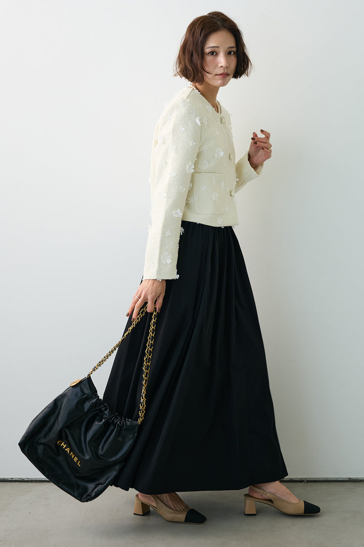 [予約/SET]フラワーモチーフツイードジャケット+ギャザーフレア綿タッチスカート(2set)