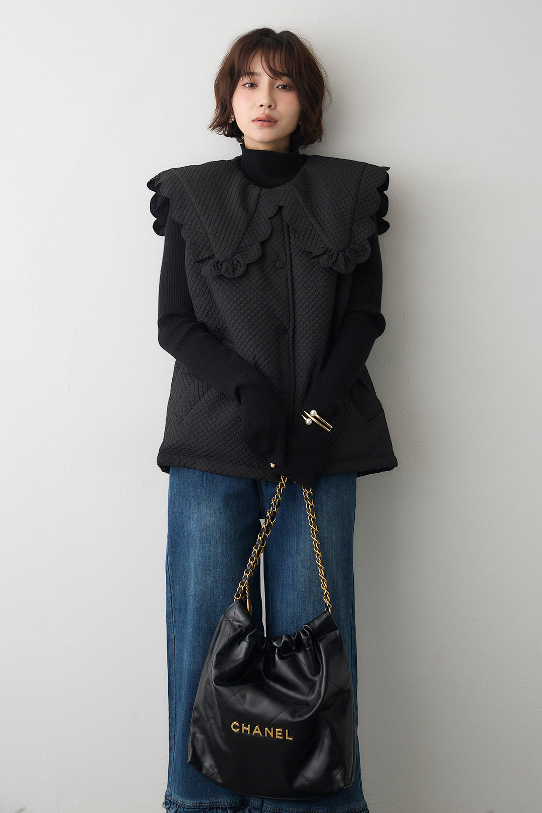 [予約/SET]ベーシックフィンガーホールリブニット+スカラップBIGカラーベスト(2set)