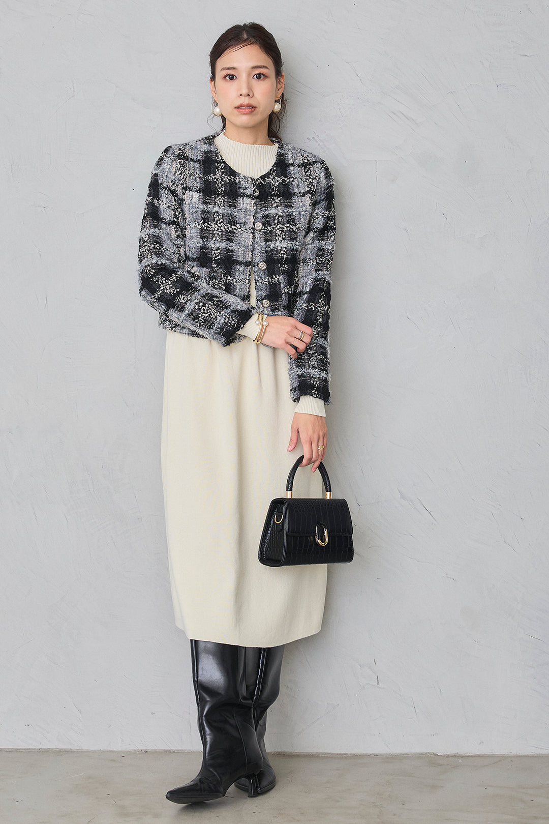 [予約/SET]ツイードチェッククロップドジャケット+リブセミフレアニットワンピース(2set)