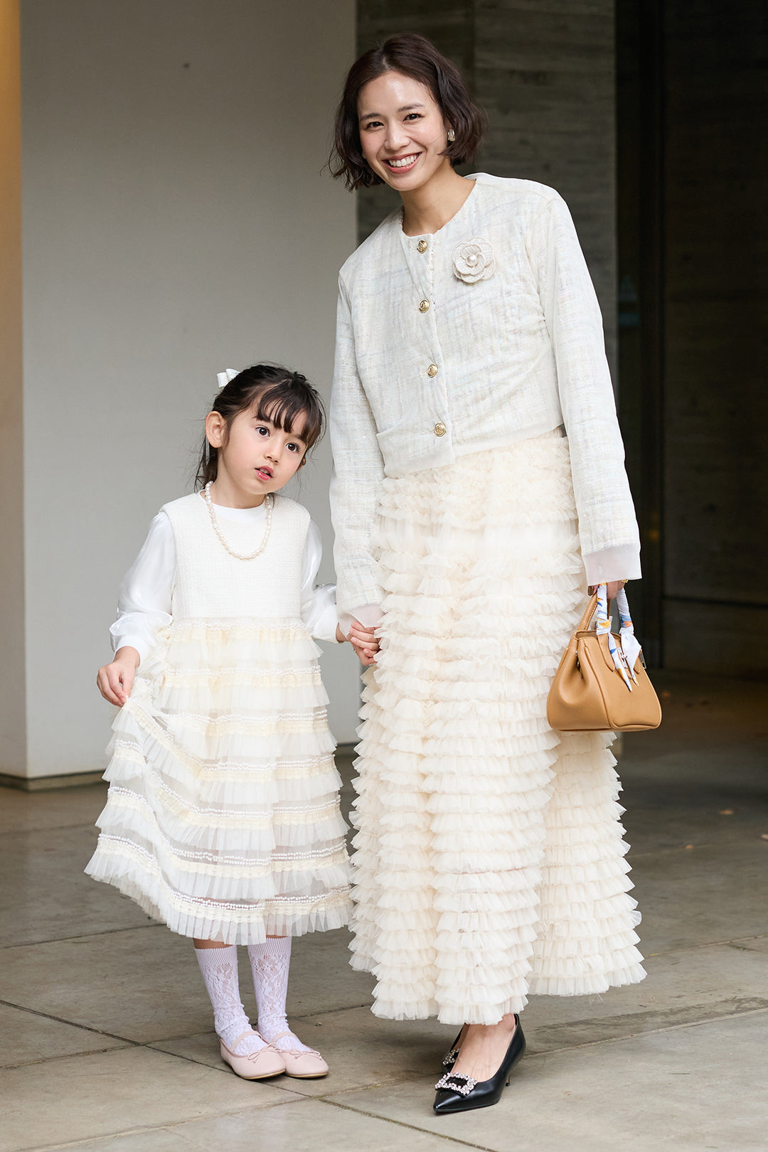 [予約/親子SET][kids]ティアードプリーツパールワンピセット+ツイード×チュールレイヤードクロップドジャケット+ホイップチュールティアードスカート(3set)