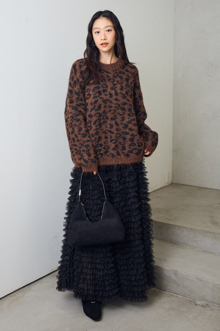 [予約/SET]レオパードクルーネックニットプルオーバー+ホイップチュールティアードスカート(2set)