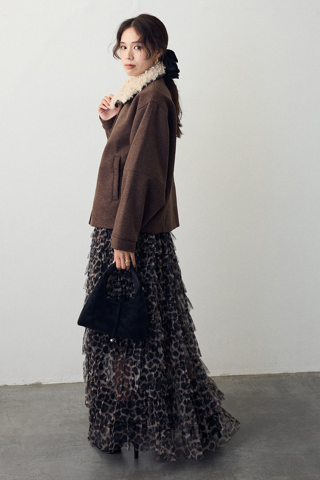 [予約/SET]プードル襟2wayコート+レオパードチュールティアードスカート(2set)