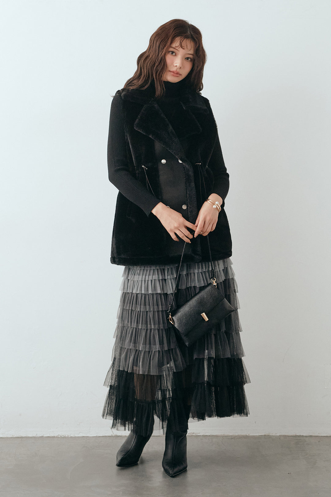 [予約/SET]ベーシックリブタートルニット+テディボアウエストドロストベスト+グラデーションチュールティアードスカート(3set)