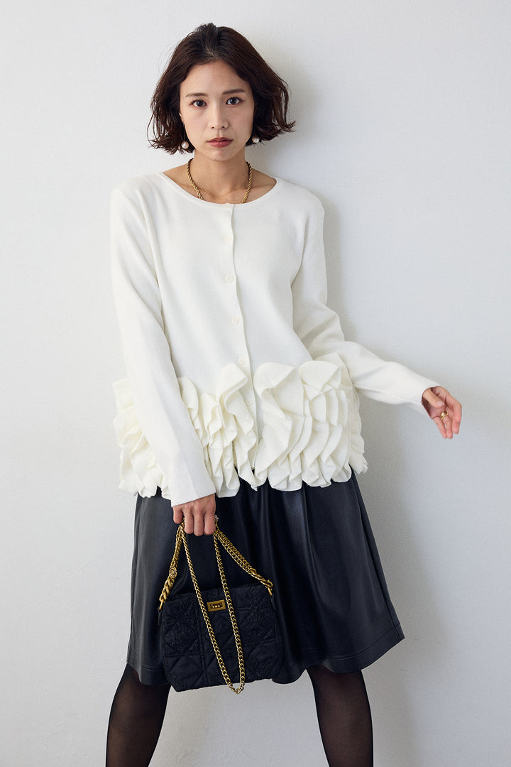 [予約/SET]フリルホイップニットカーディガン+レザーライクハーフパンツ(2set)