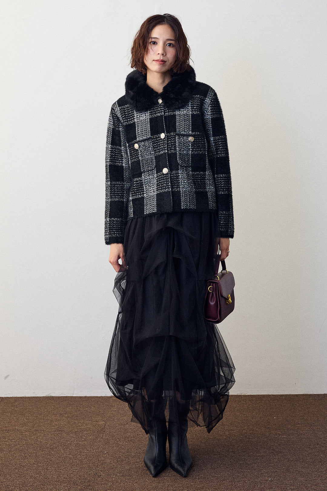 [予約]チェック柄ファー襟コーディガン