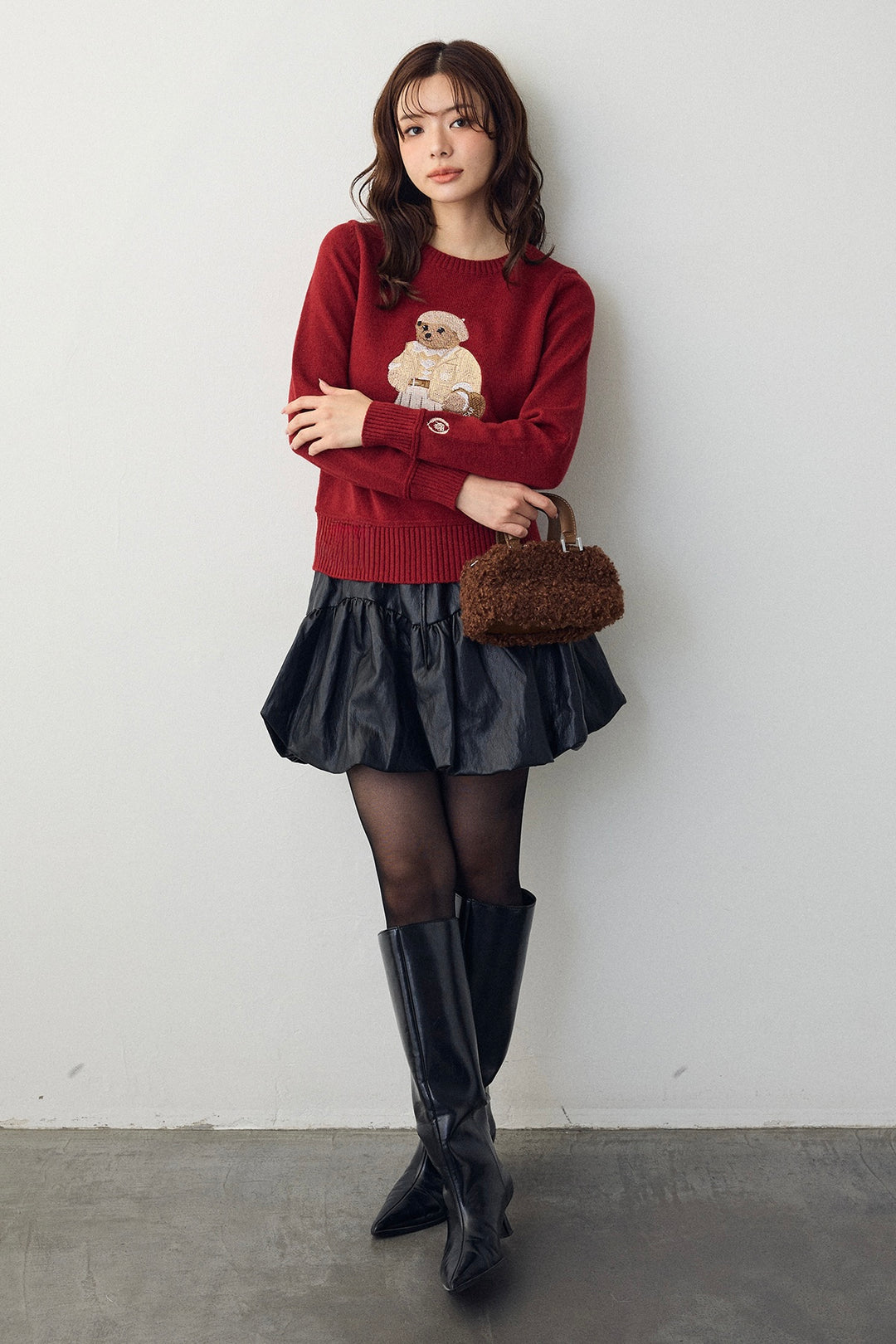 [予約/SET]モチーフベアニットプルオーバー+フェイクレザーティアードバルーンミニスカート(2set)