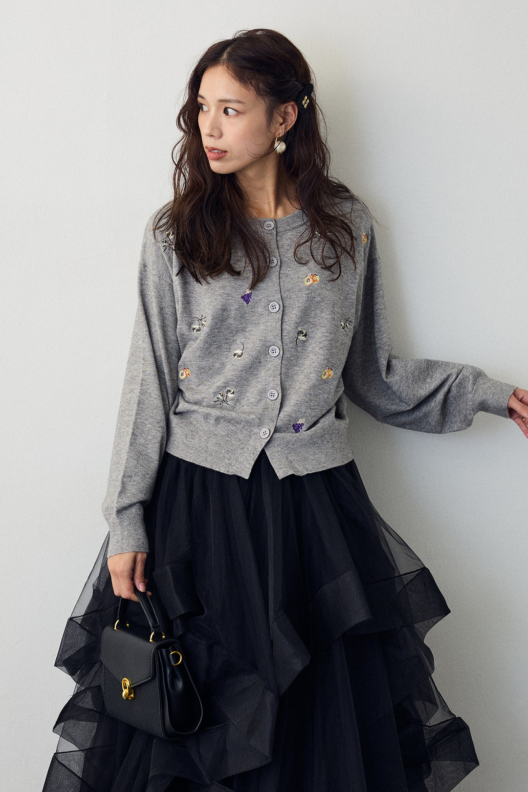 [予約/SET]フルーツフラワー刺繍ニットカーデ+ランダムフリルティアードボリュームスカート(2set)