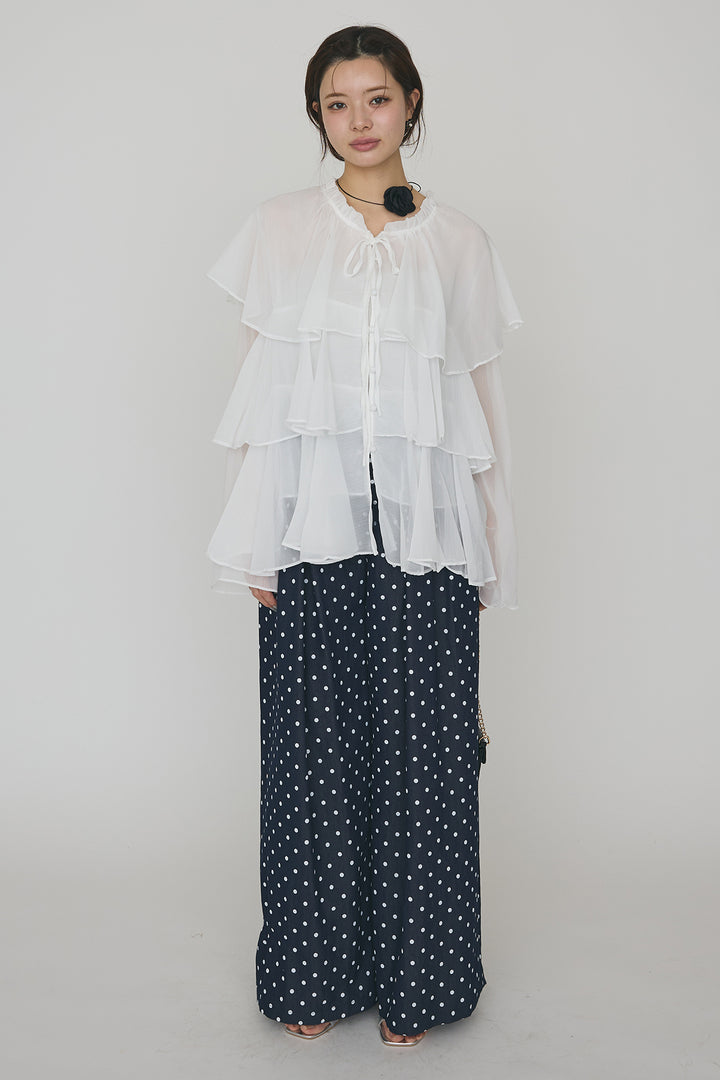 [予約/SET]エアリーシフォンティアードブラウス+ハイウエストドットデニムパンツ(2set)