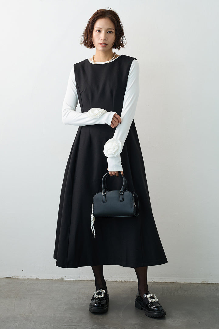 [予約/SET]フラワーモチーフポイントカットトップス+プリンセスラインフレアワンピース(2set)