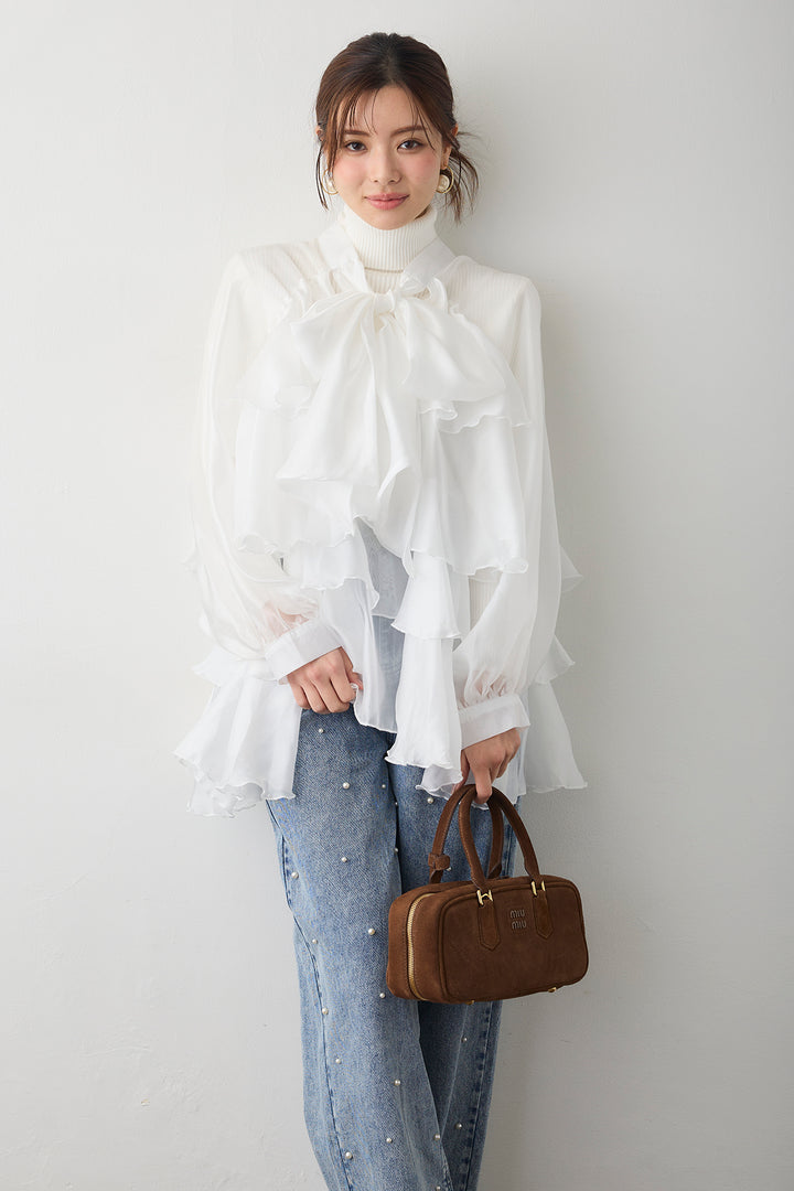 [予約/SET]フロントBIGリボンティアードエアリーチュニック+パールスタッズストレートハイウエストデニム(2set)