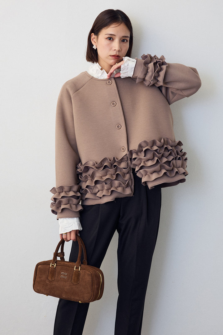 [予約/SET]ローズモチーフフリルカラーシャツ+フリルティアードボンディングクロップドコート(2set)