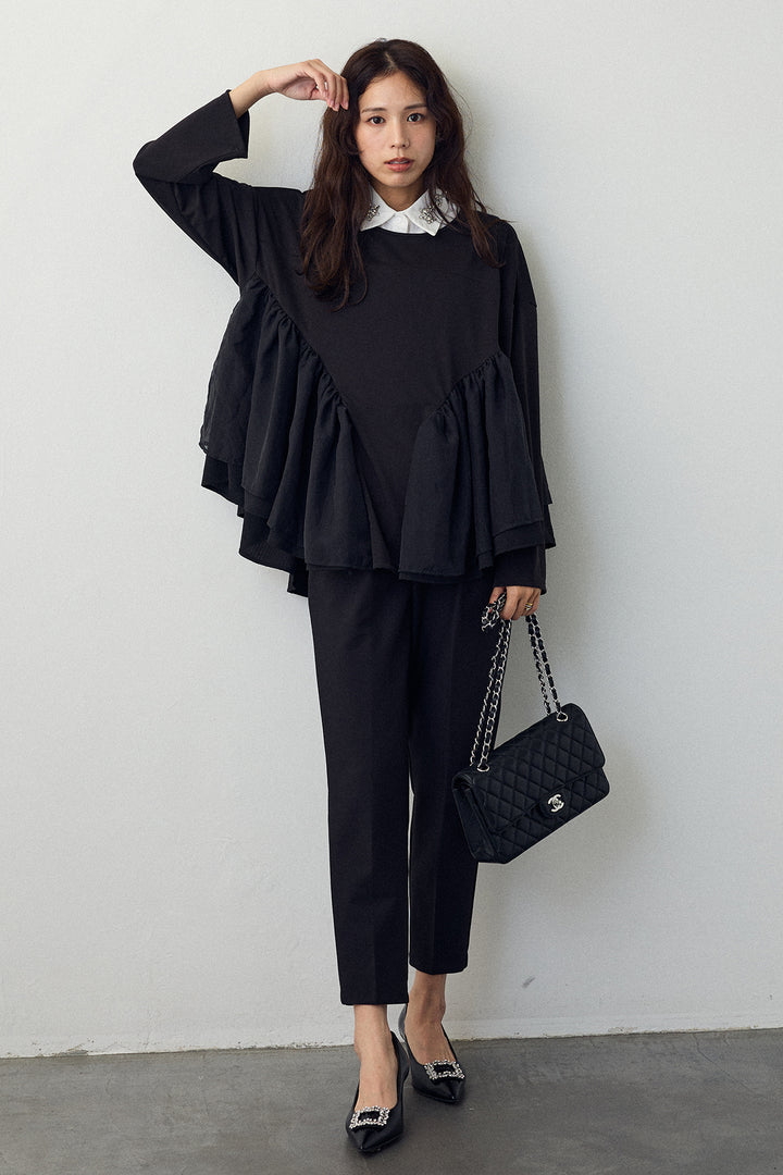 [予約/SET]フリルテール異素材切替チュニック+タックテーパードパンツ(2set)