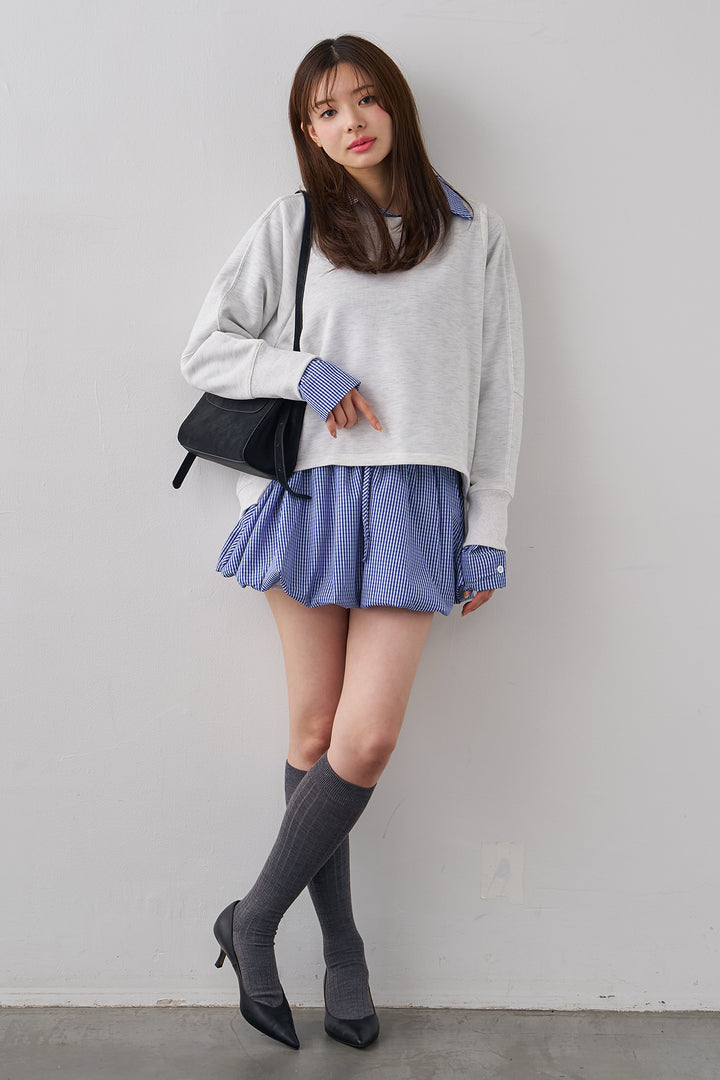 [予約/SET]ギンガムチェックバルーンミニボトムセットアップ+コクーンシルエットライトスウェットPO(2set)