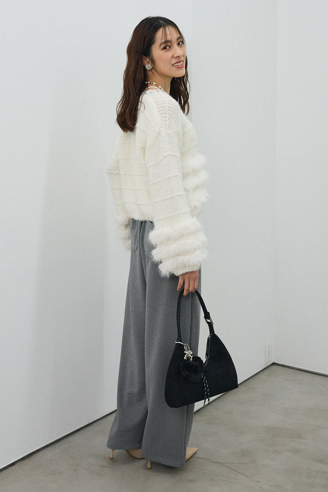 [予約/SET]ネックビジューラインファーニットカーデ+2タック美シルエットパンツ(2set)