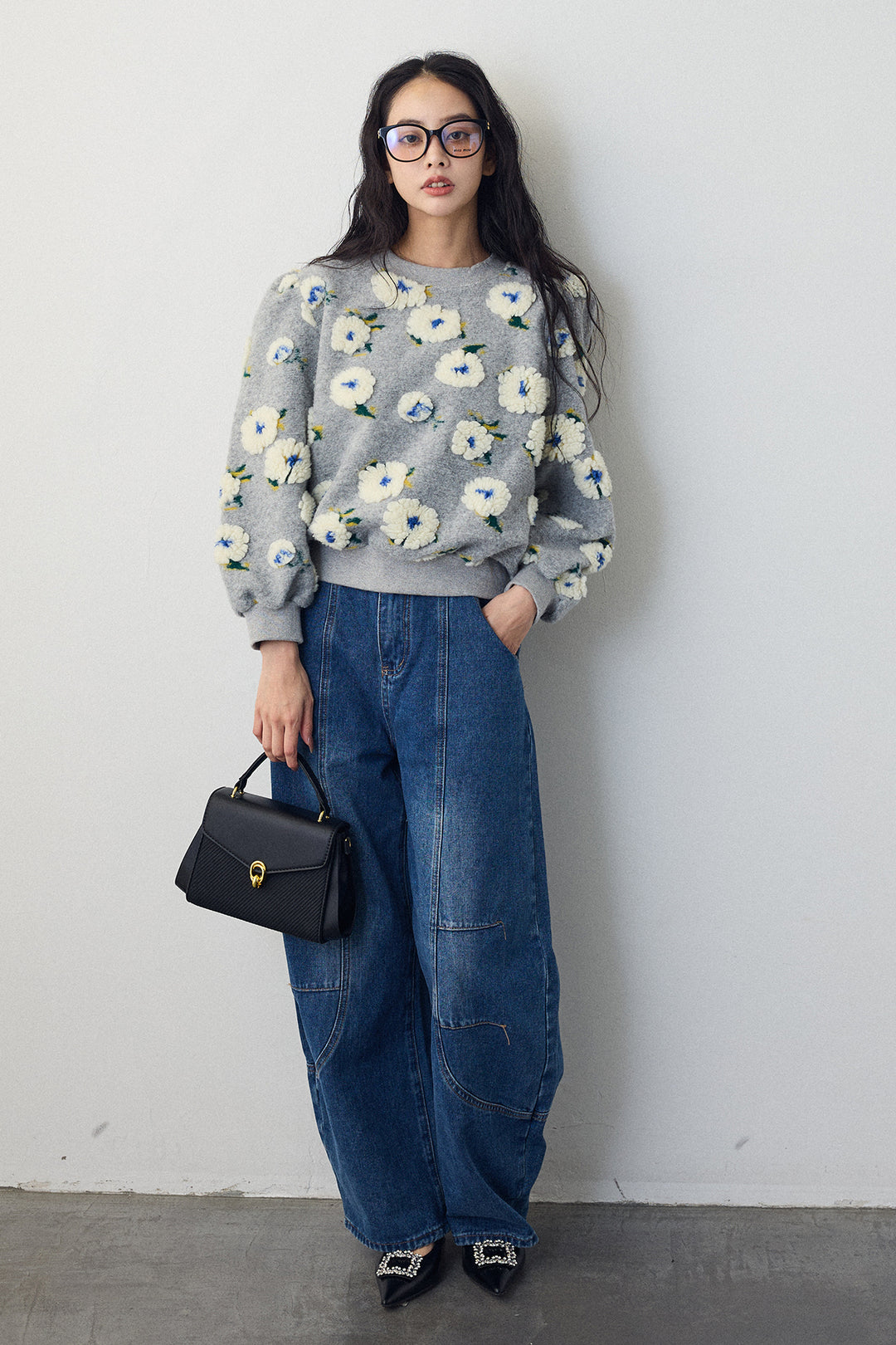 [予約/SET]ボアフラワーモチーフニット+ステッチ美ラインカーブデニムパンツ(2set)