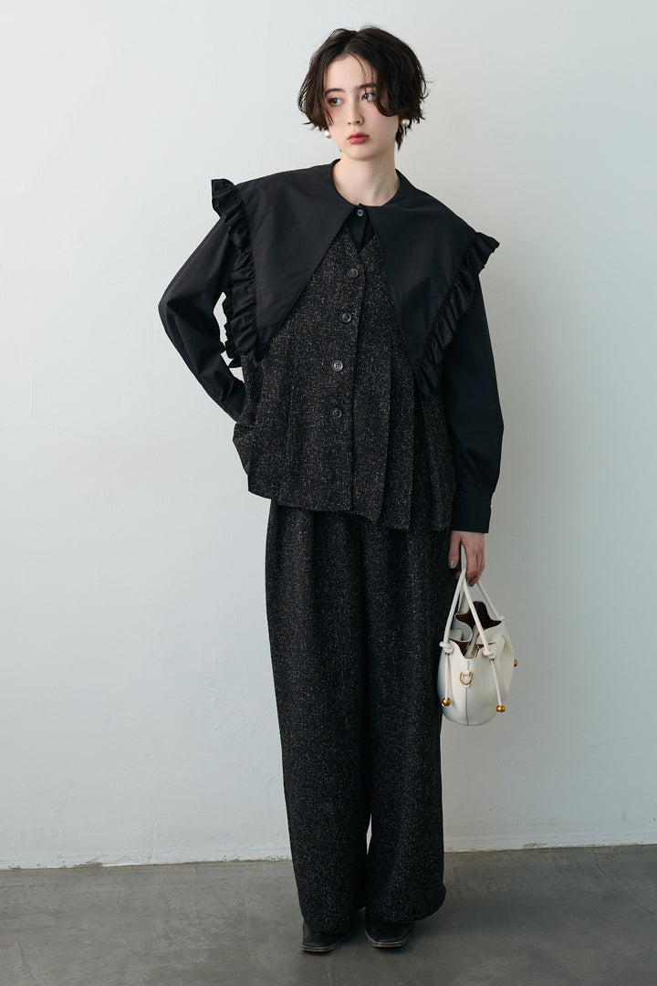 [予約/SET]BIGフリルデザインシャツ+サマーツイードボックスプリーツベスト+サマーツイードウエストラインタックパンツ(3set)