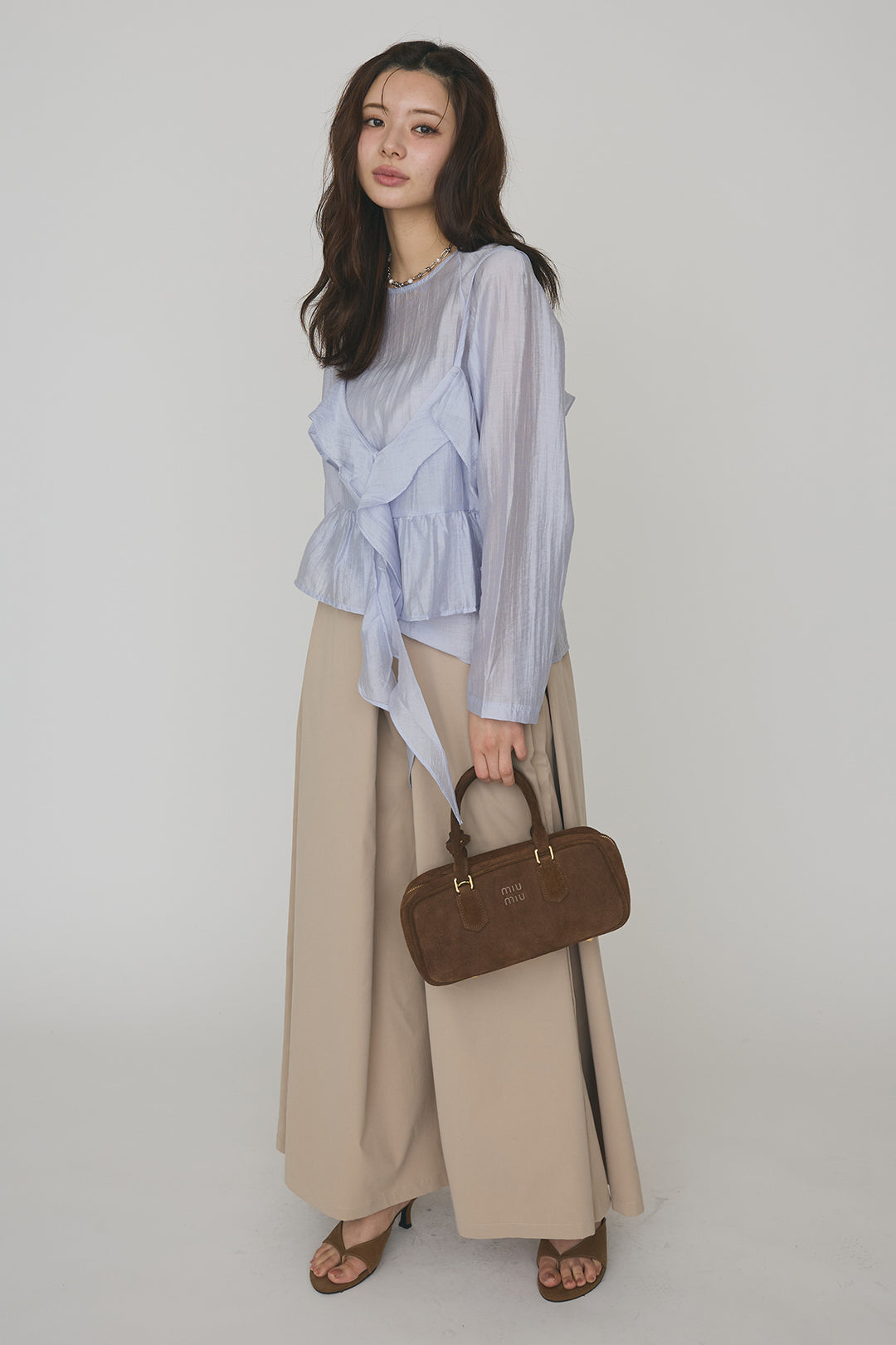 [予約/SET]ドレープフリルシアーレーヤードトップス+フロントサイドタックワイドパンツ(2set)