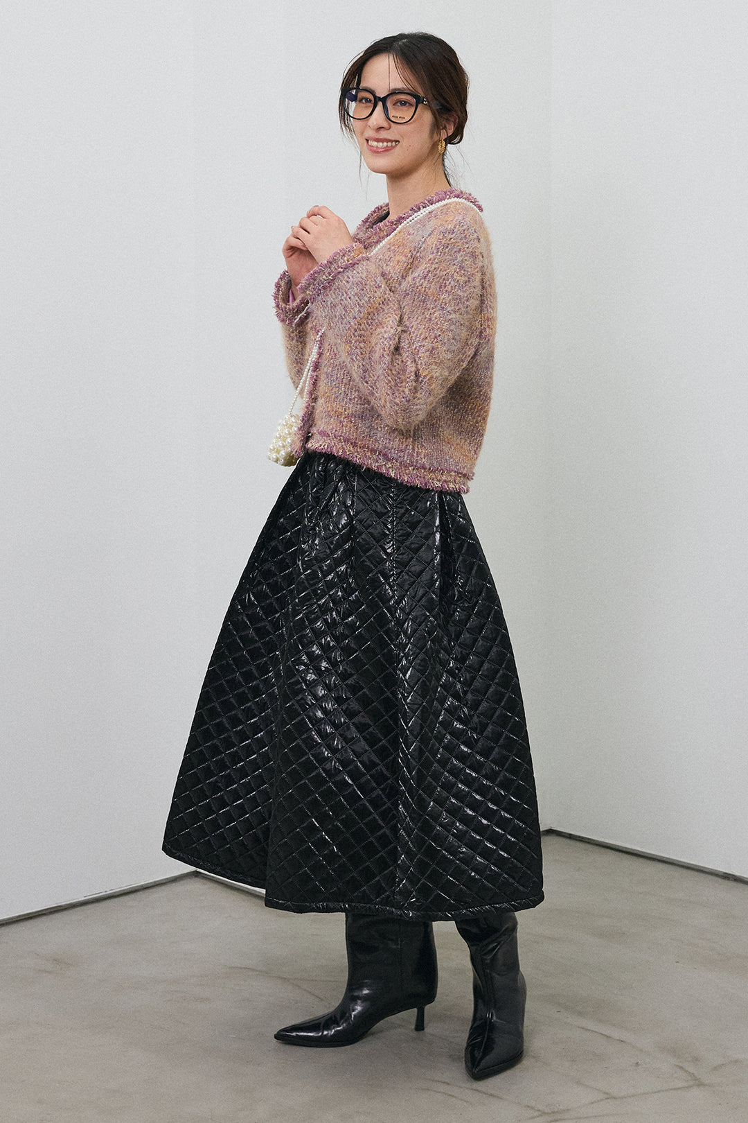 [予約/SET]カラーミックスツイードジャケット+メタリックキルティングフレアスカート(2set)