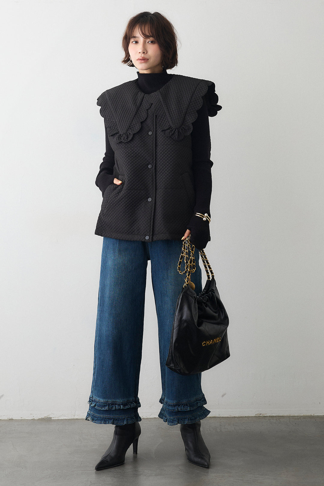 [予約/SET]スカラップBIGカラーベスト+フリルヘムデニムパンツ(2set)