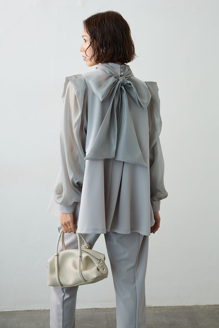 [予約]シアーリボン異素材ドッキングペプラムブラウス