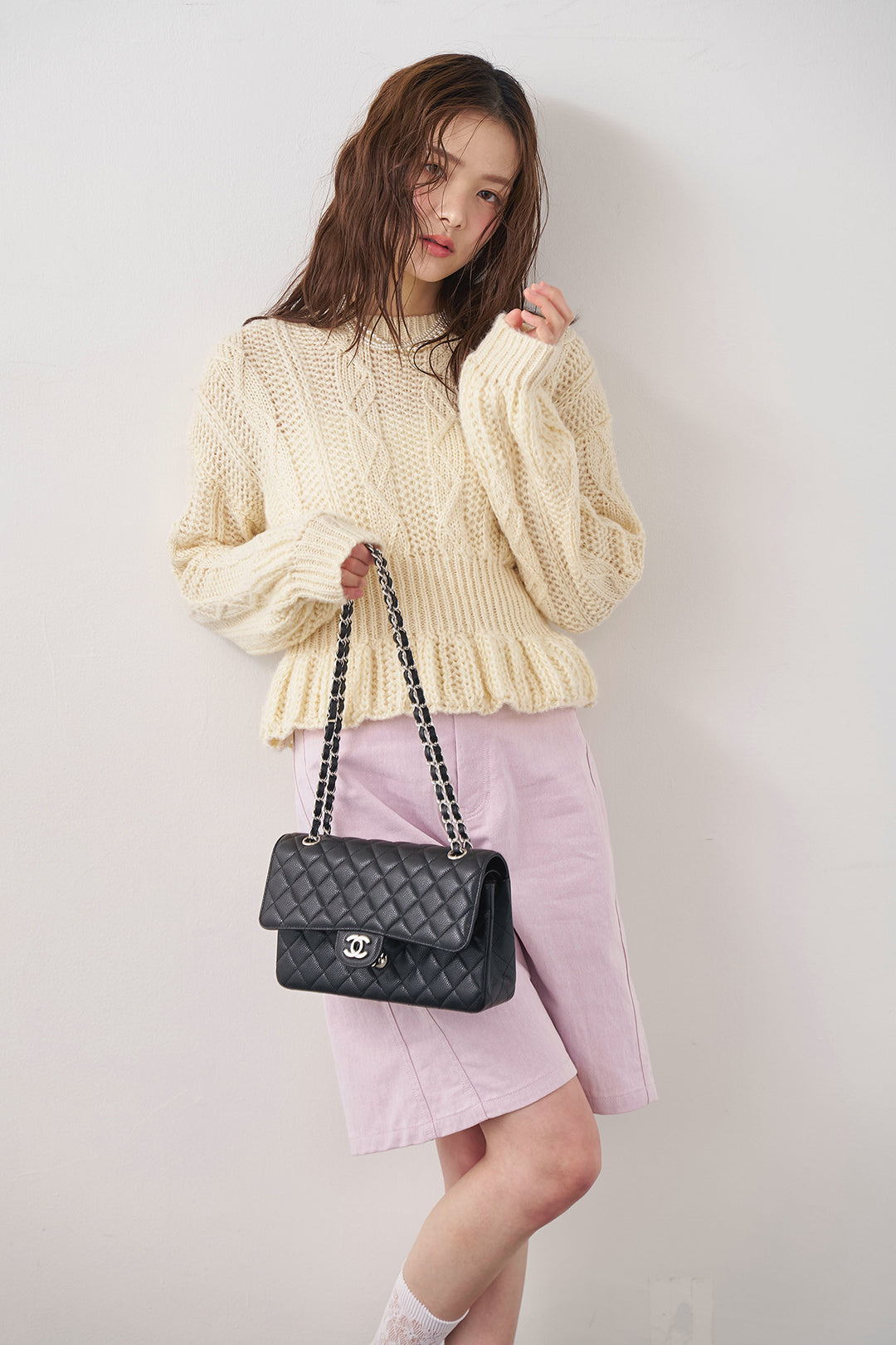 [予約/SET]ケーブル編ミニペプラムニット+デニムベーシックハーフパンツ(2set)