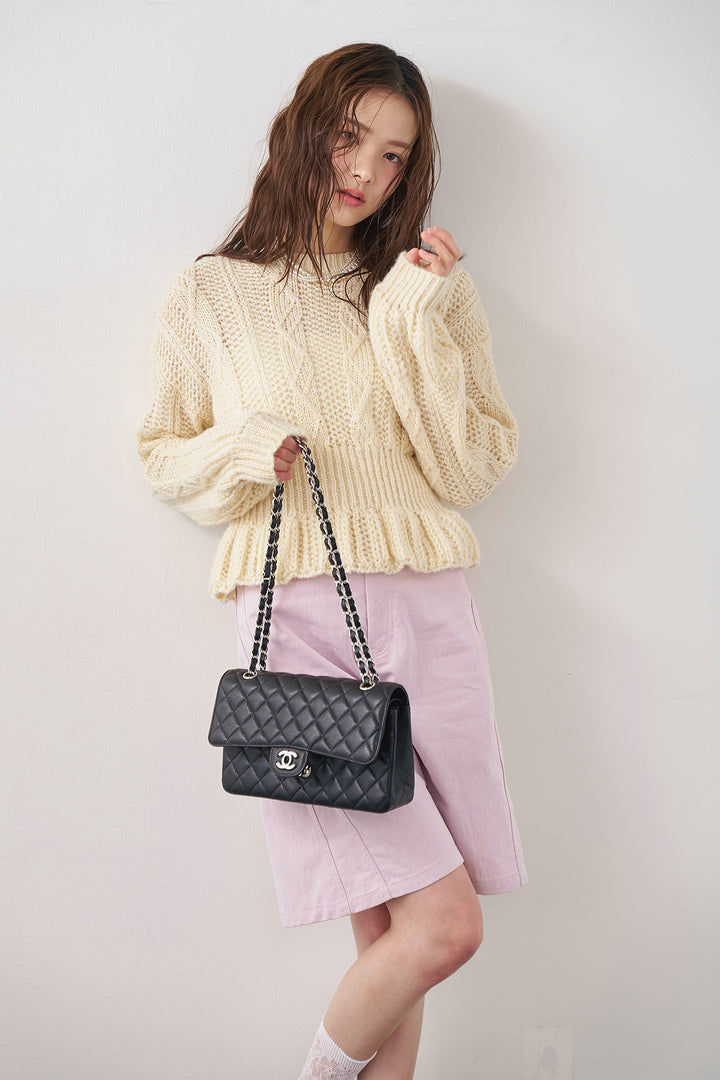 [予約/SET]ケーブル編ミニペプラムニット+デニムベーシックハーフパンツ(2set)