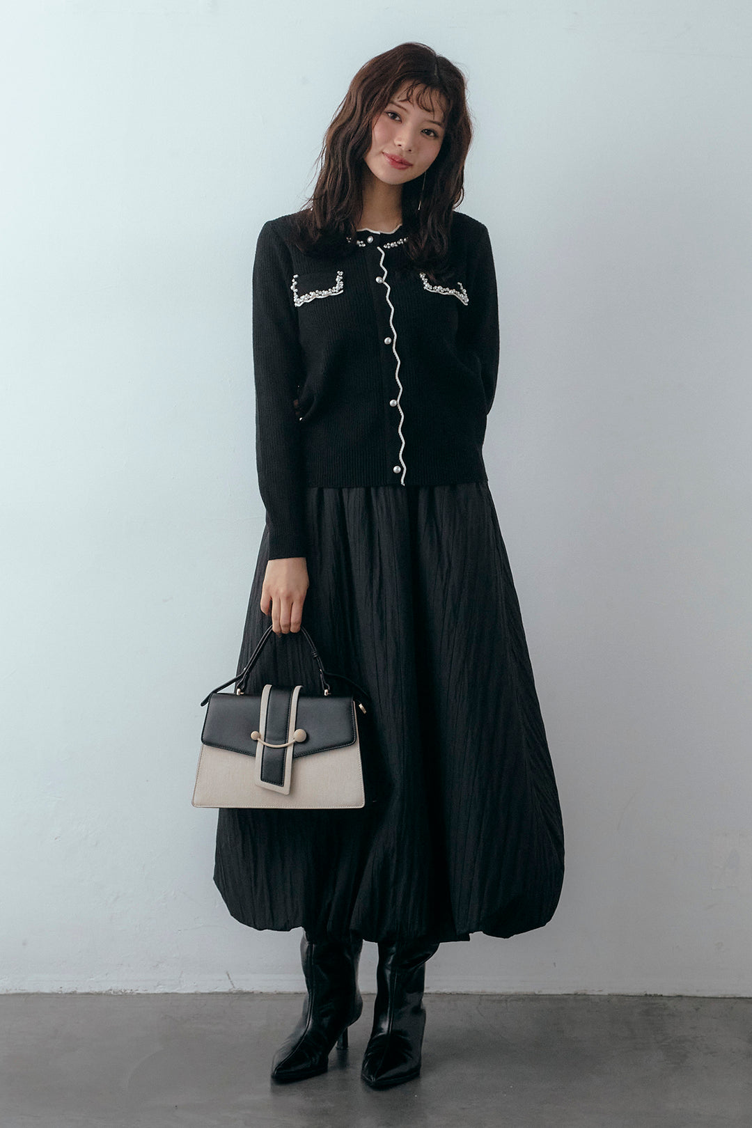 [予約/SET]ビジューパールデザインニットカーデ+ソフトキルトバルーンスカート(2set)