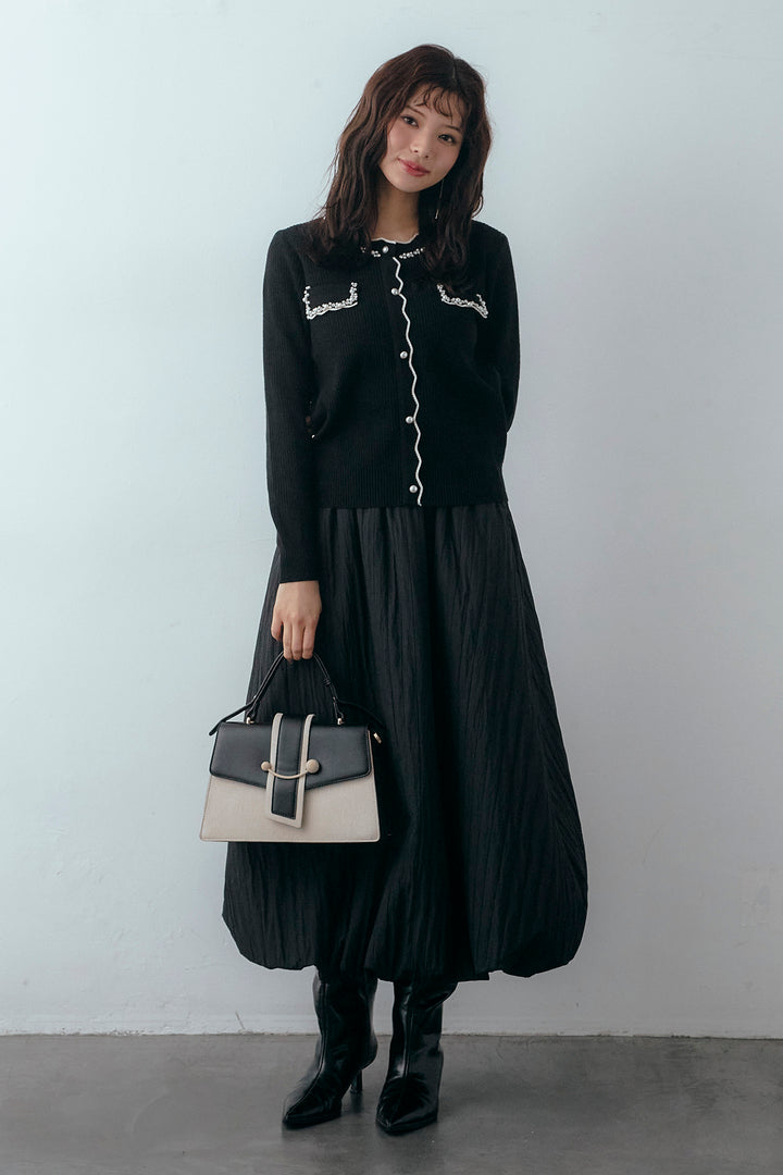 [予約/SET]ビジューパールデザインニットカーデ+ソフトキルトバルーンスカート(2set)